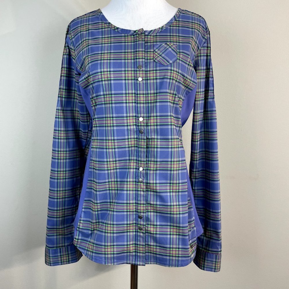 REI Shirt Womens Small Purple Plaid Snap Button Long 3/4 Tab Sleeve Pintuck Top